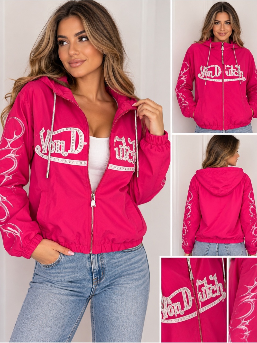 Von Dutch women’s Hot Pink Hooded Zip windbreaker Jacket with Logo med